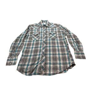 Wrangler Shirt Mens Large Plaid Western Pearl Snap  Gray & Teal Long Sleeve
